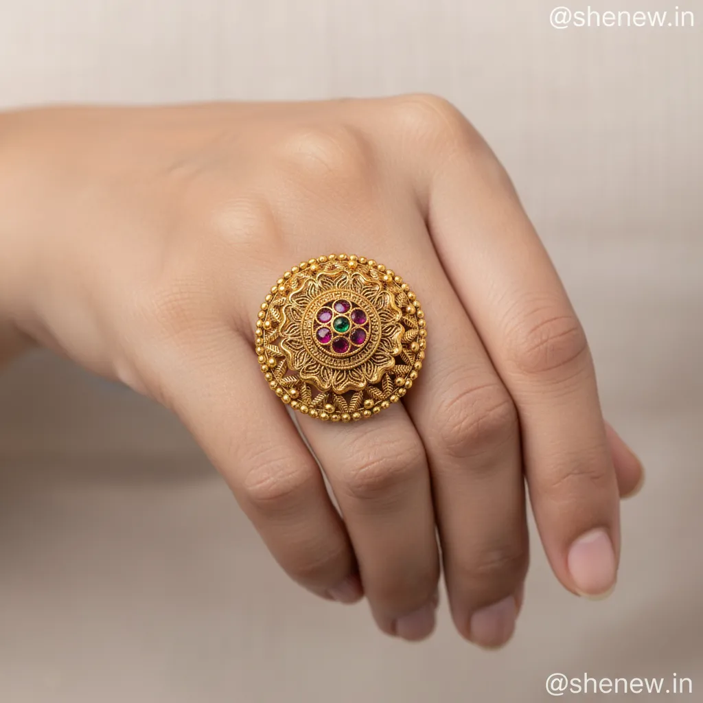 Antique Gold-Tone Adjustable Statement Ring with Multi-Stone Center - Image 3