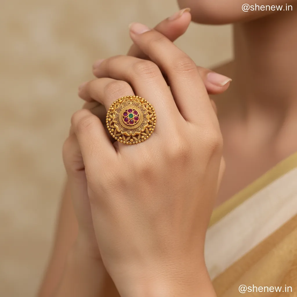 Antique Gold-Tone Adjustable Statement Ring with Multi-Stone Center