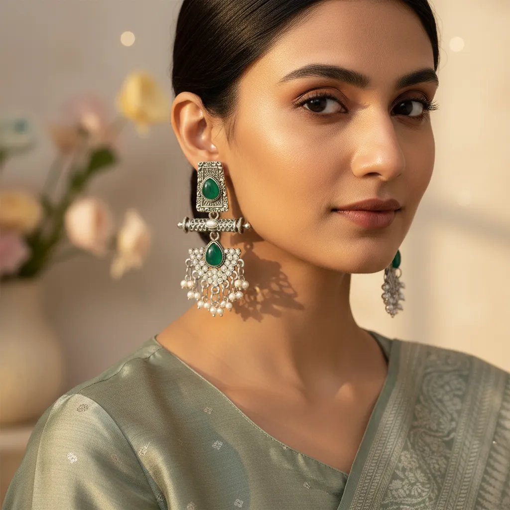 Vintage Silver Oxidized Green Stone Jhumka Earrings with Pearl Detailing