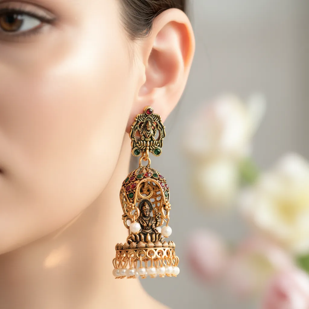 Antique Gold Temple Goddess Earrings with Red & Green Stones and Pearl Drops - Image 2