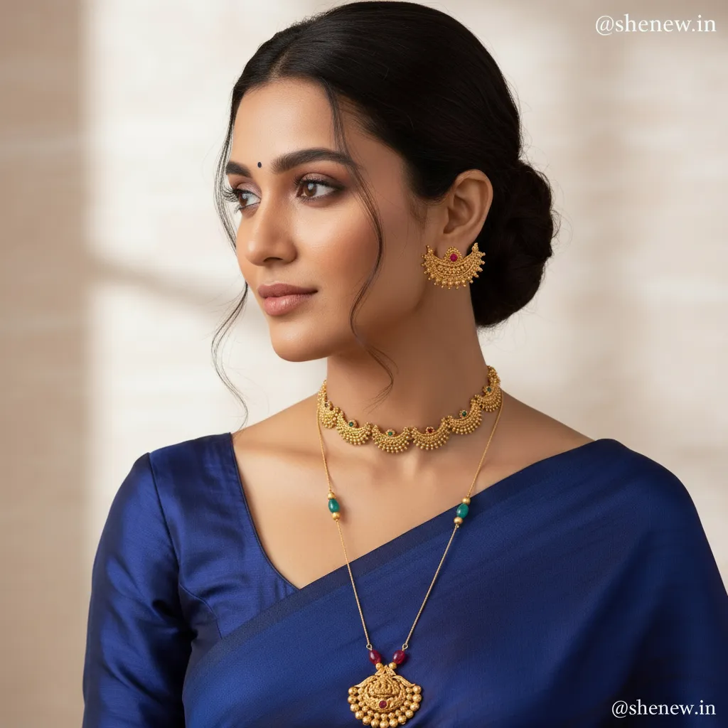 Traditional Gold-Tone Temple Jewellery Choker & Long Necklace Set with Earrings