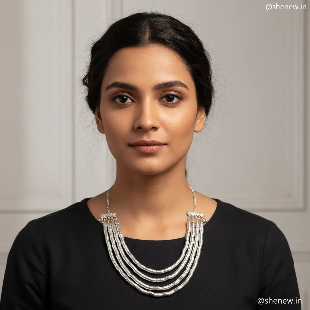 Silver Layered Beaded Necklace for Women
