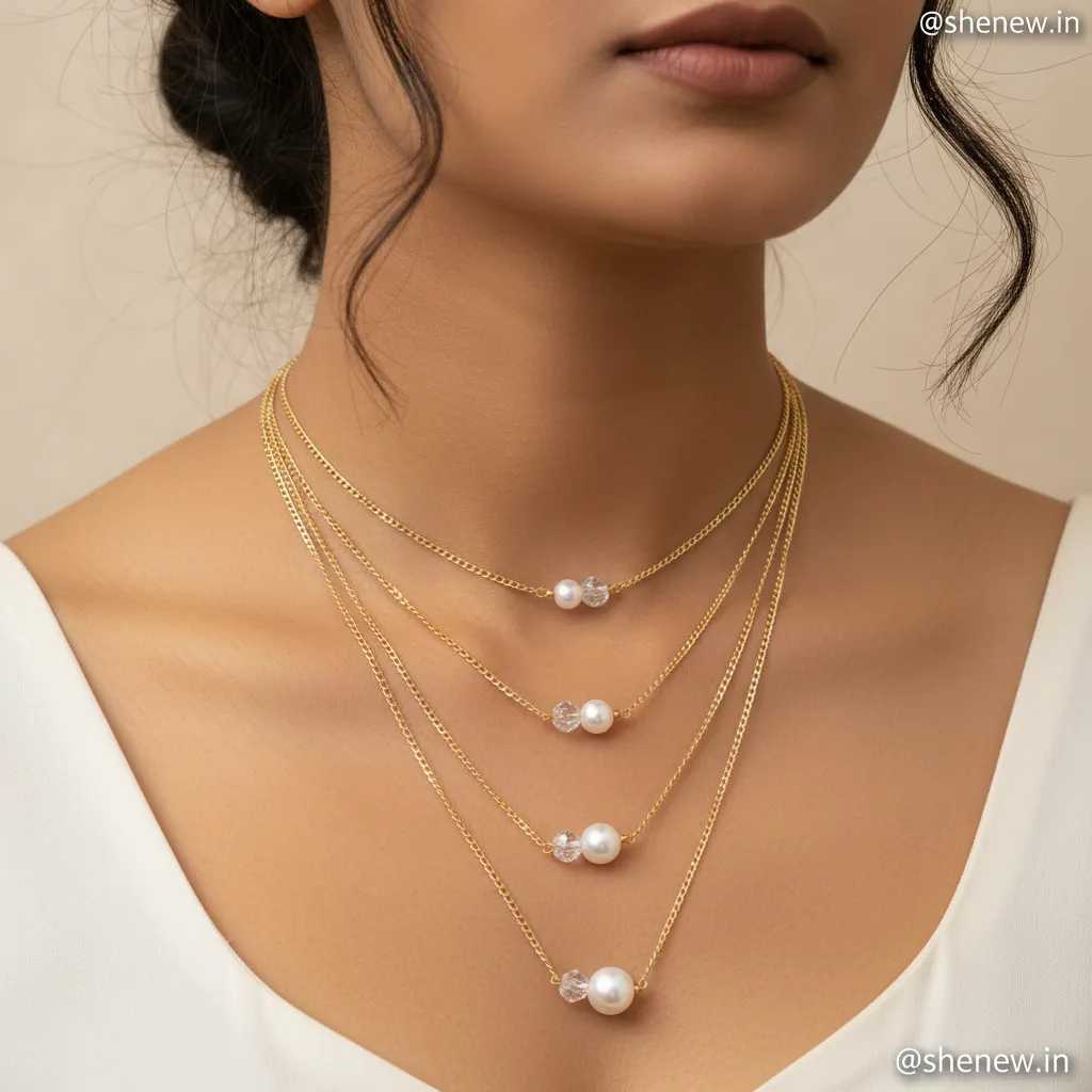Layered Gold Chain Pearl Pendant Necklace for Women