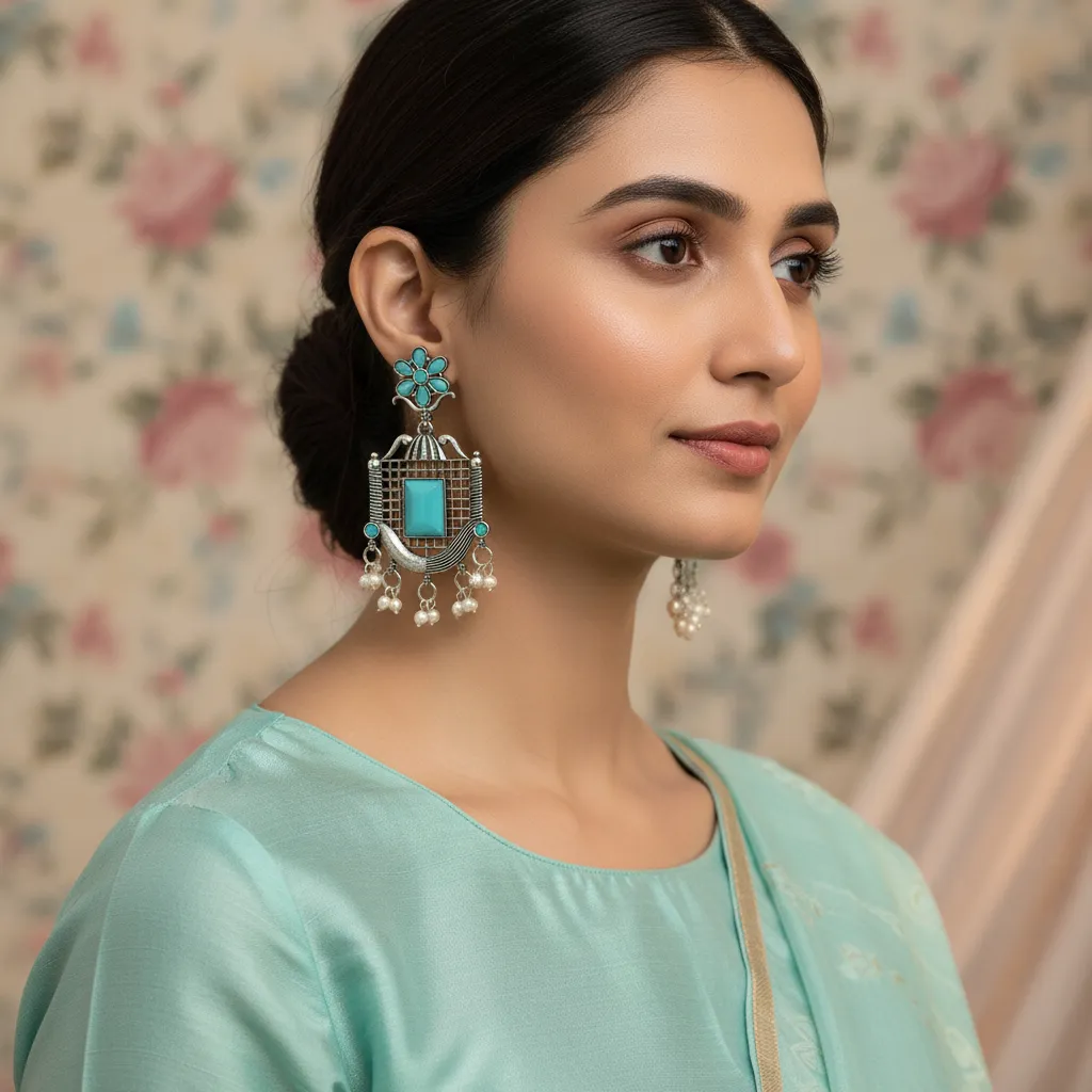 Oxidised Silver Turquoise Statement Earrings with Pearl Drops
