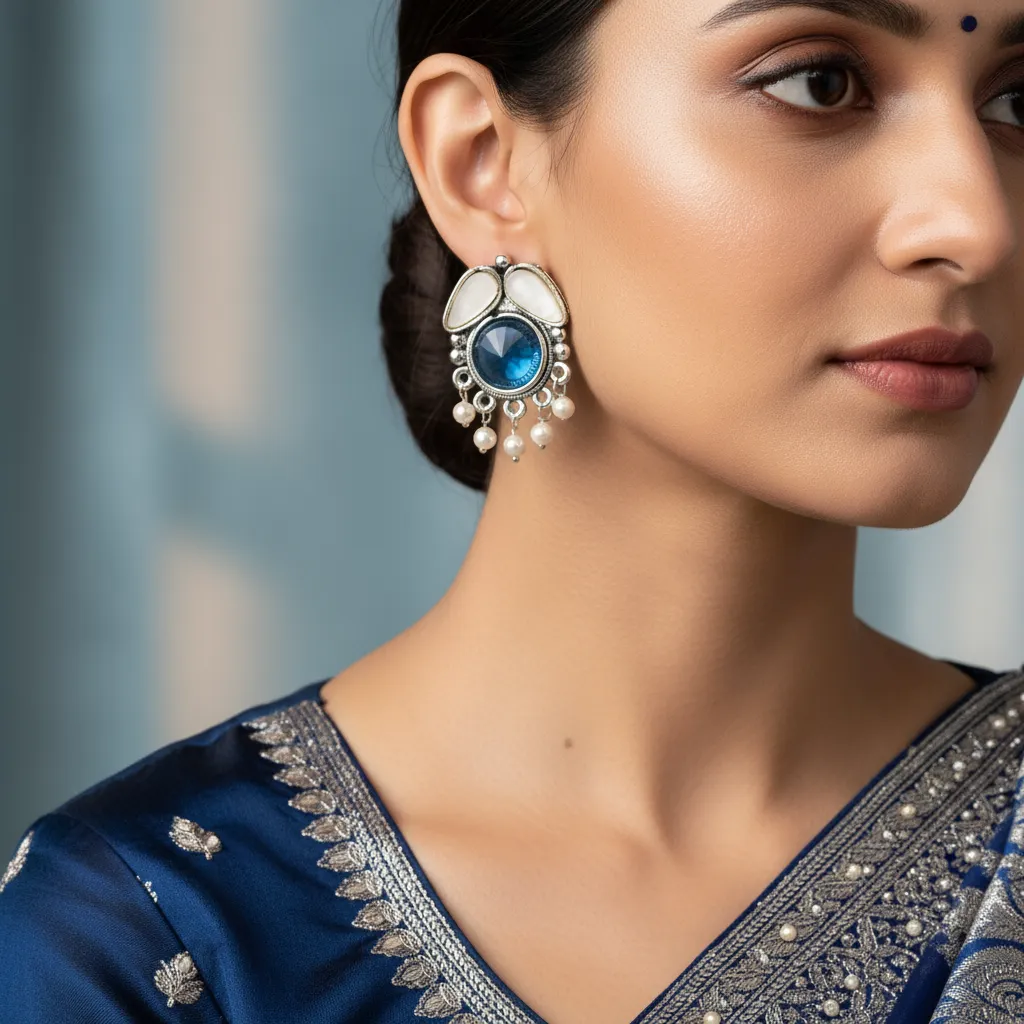 Oxidised Silver Blue Stone Stud Earrings with Pearl Drops for Women & Girls