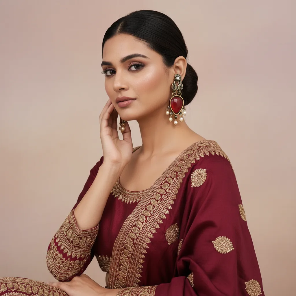 Oxidised Golden Red Stone Earrings with Pearl Drops for Women & Girls
