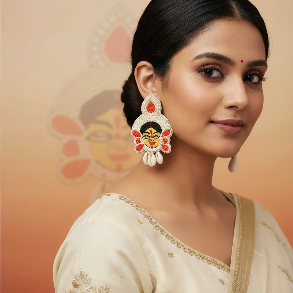 Handcrafted Goddess Face Beaded Earrings with Cowrie Shell Drops