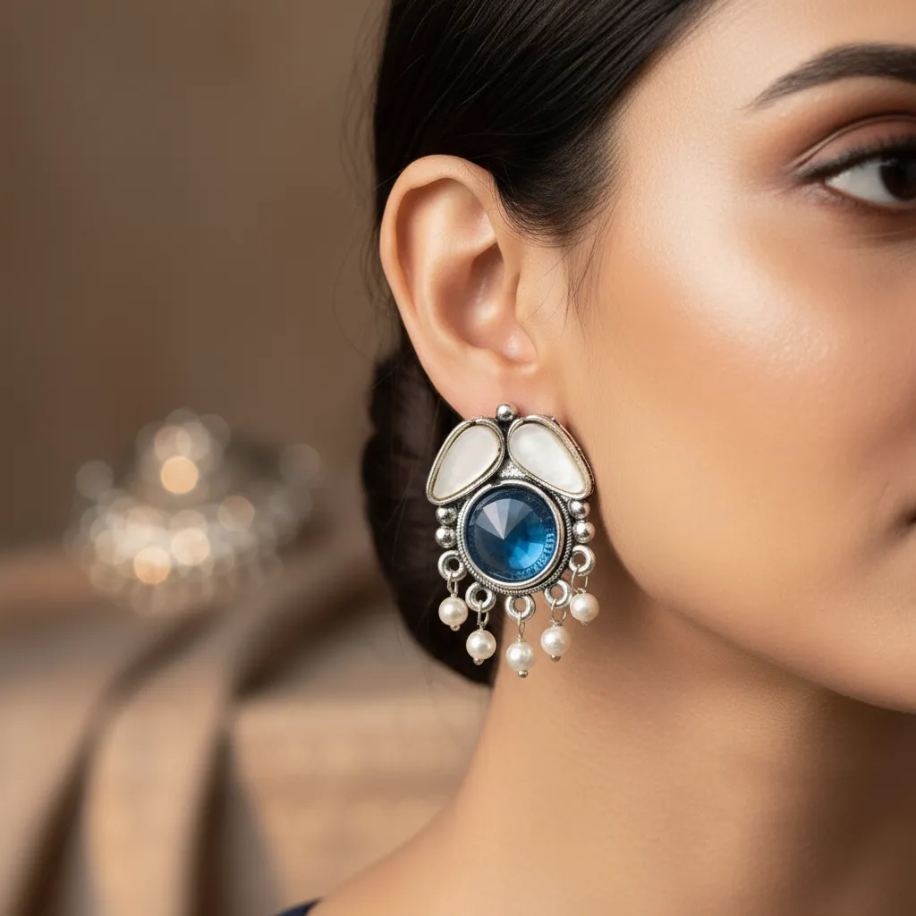 Oxidised Silver Blue Stone Stud Earrings with Pearl Drops for Women & Girls