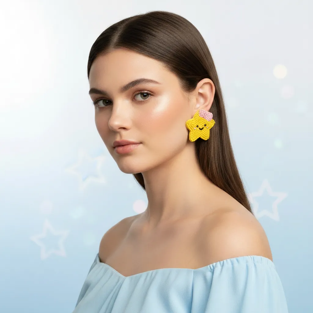 Cute Yellow Star Beaded Earrings with Pink Bow Handcrafted Statement Fashion Jewelry