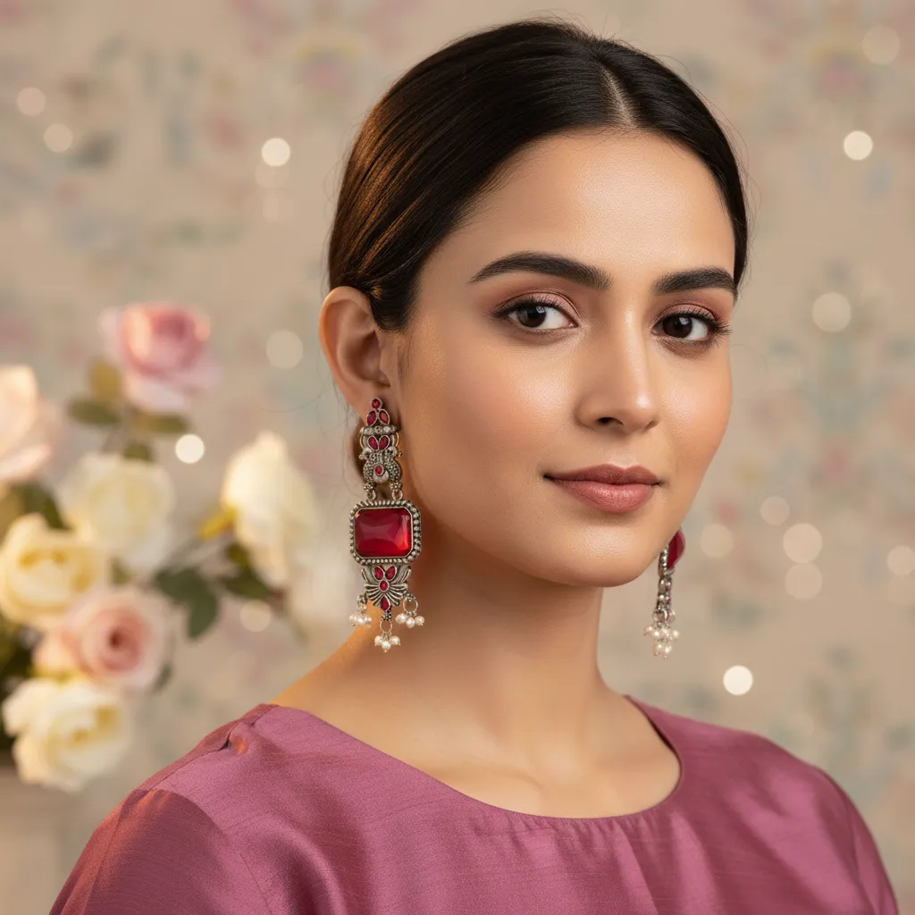 Ruby Stone Antique Silver Drop Earrings with Pearl Detailing