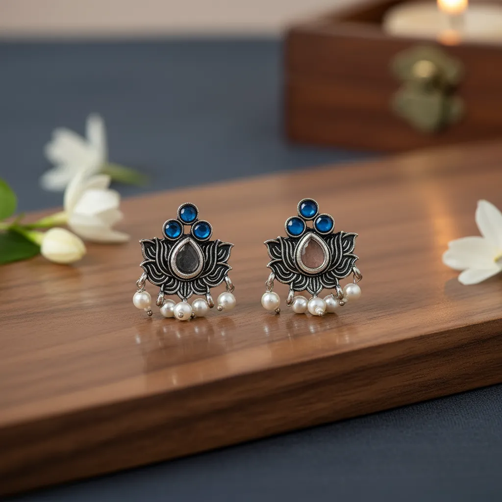Oxidised Silver Lotus Stud Earrings with Blue Stones & Pearl Drops