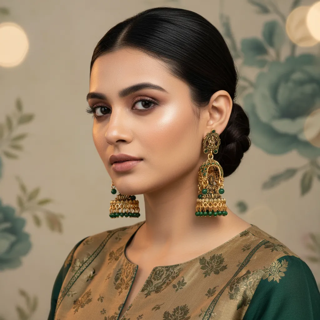 Antique Temple Design Green Beaded Jhumka Earrings for Women