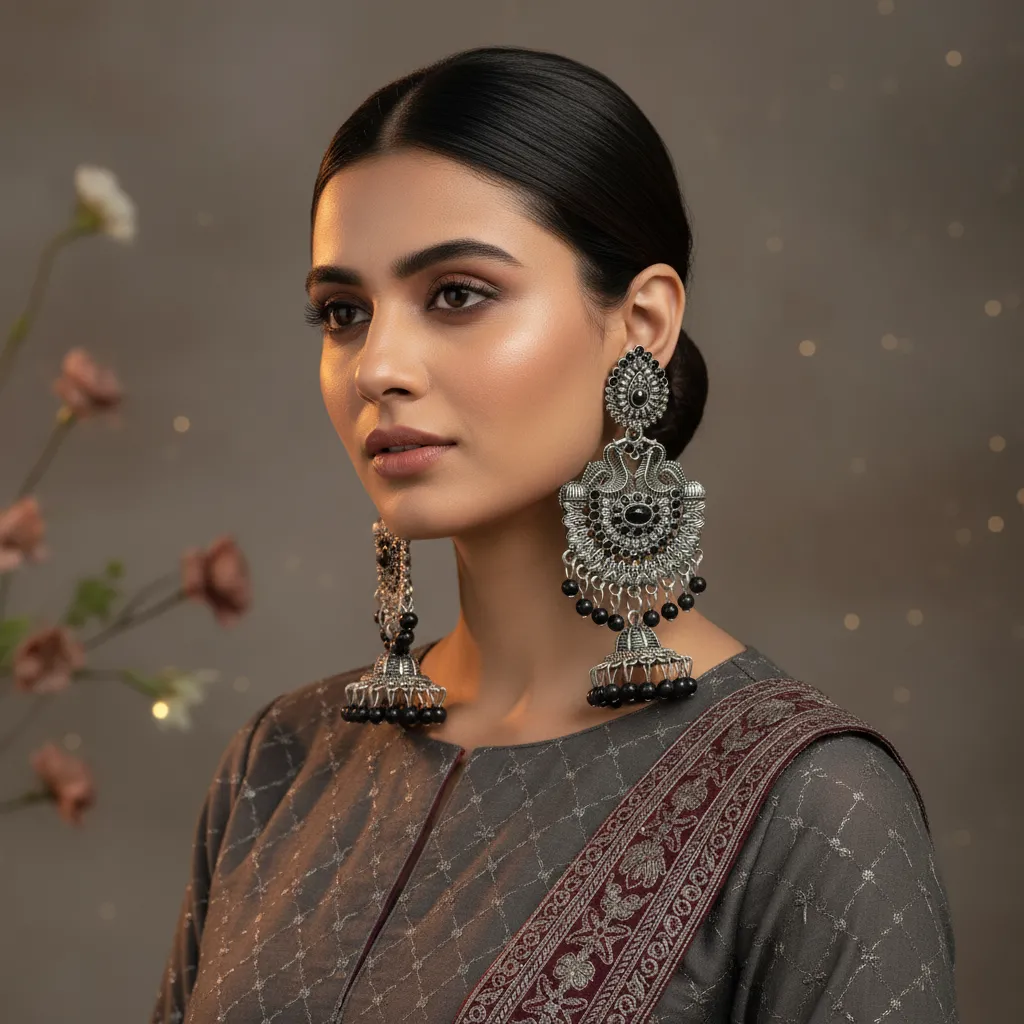Antique Black Beaded Oxidised Jhumka Earrings for Women