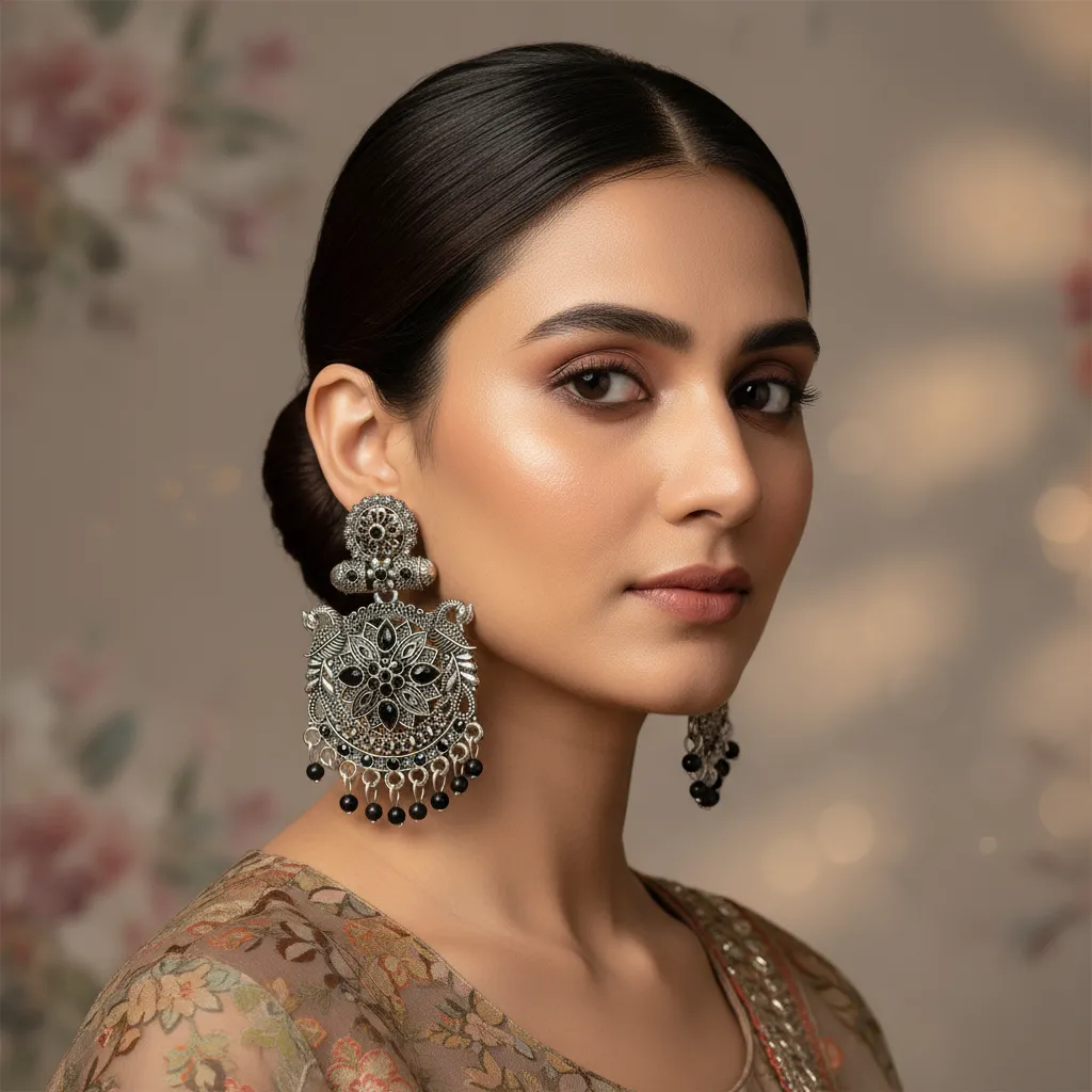 Oxidized Silver Black Stone Ethnic Jhumka Earrings for Women