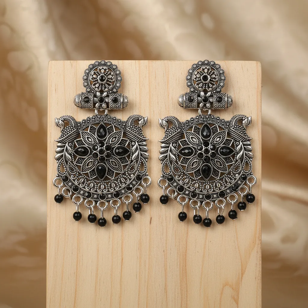 Oxidized Silver Black Stone Ethnic Jhumka Earrings for Women