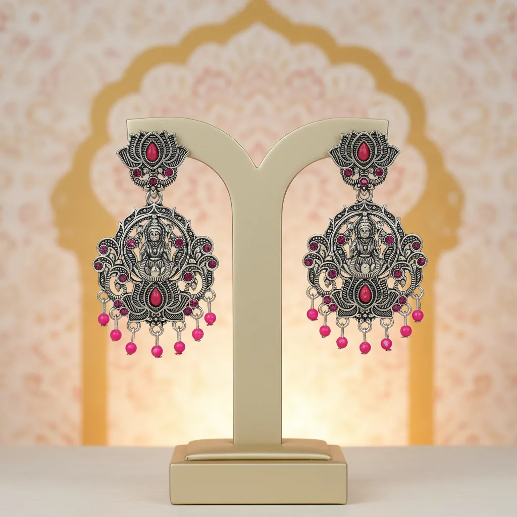 Antique Silver Pink Stone Temple Earrings for Women
