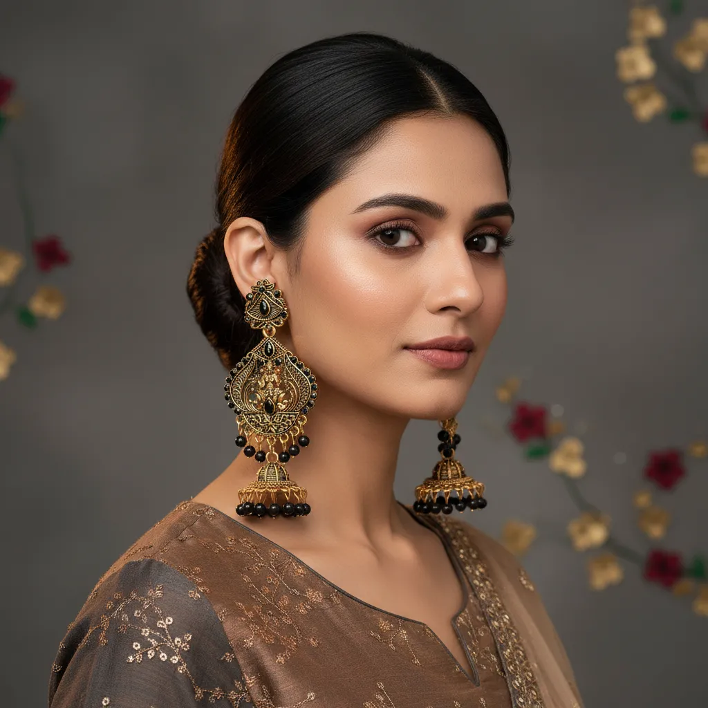 Antique Gold Black Beaded Temple Earrings for Women