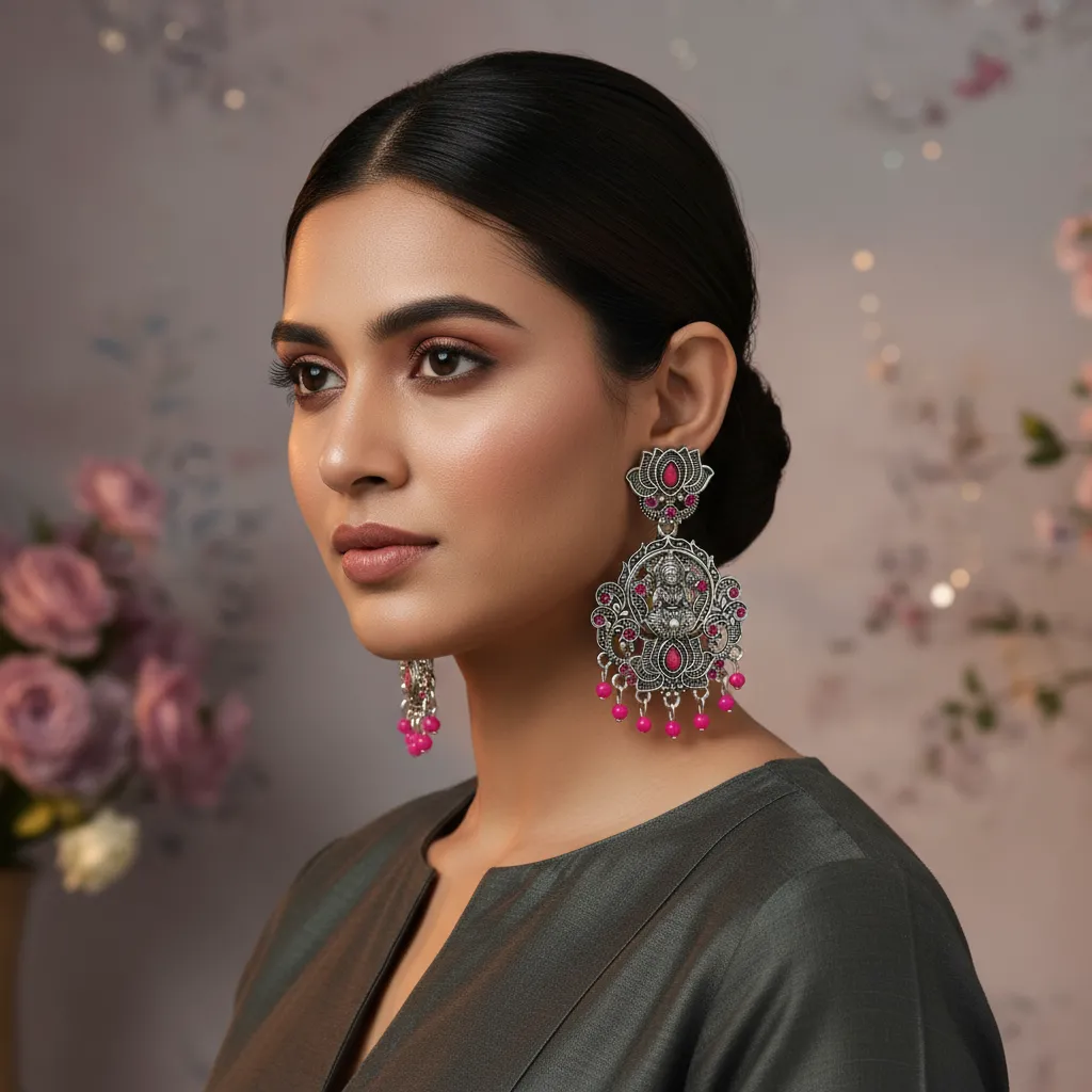 Antique Silver Pink Stone Temple Earrings for Women