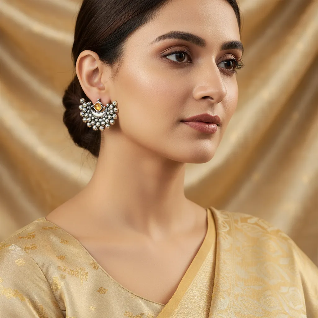 Oxidised Silver Afghani Stud Earrings with Yellow Stone for Women & Girls