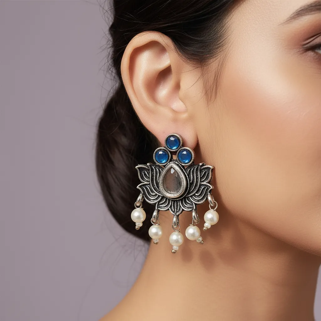 Oxidised Silver Lotus Stud Earrings with Blue Stones & Pearl Drops