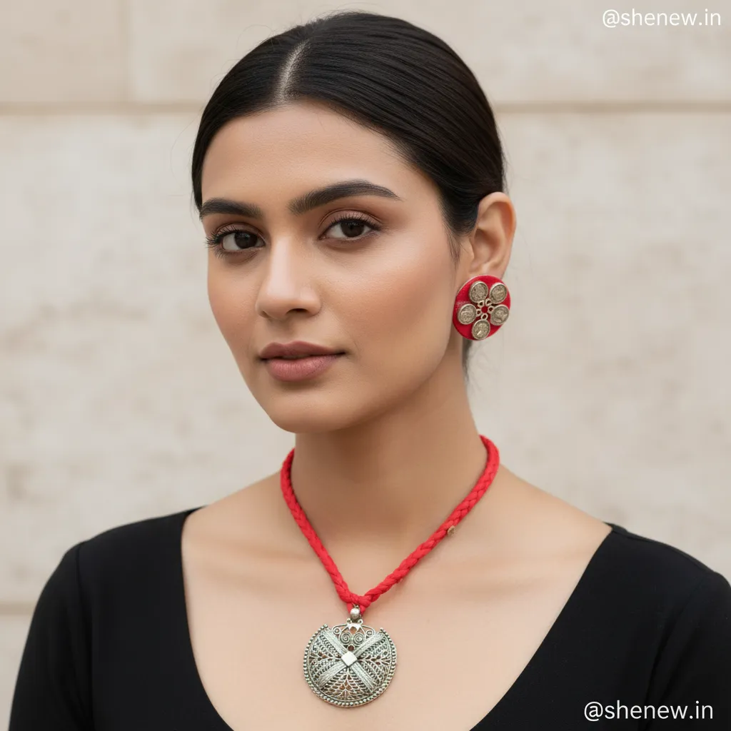 Red Rope Oxidised Silver Round Pendant Necklace With Red Stud Earrings