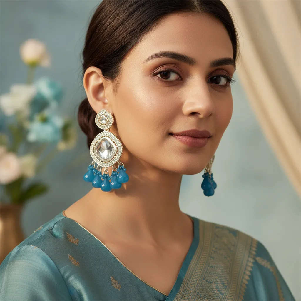 Blue Drop Kundan Mirror Statement Earrings for Women