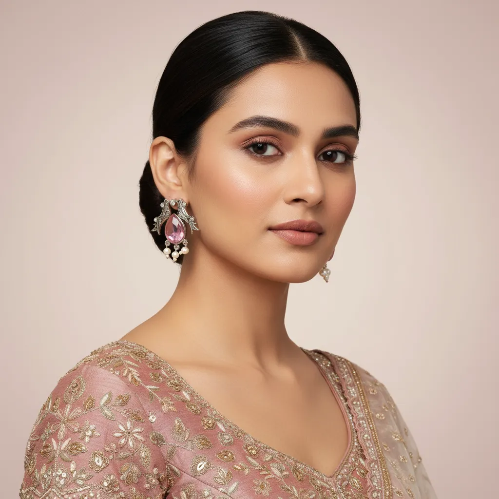 Oxidised Silver Pink Stone Stud Earrings with Pearl Drops for Women & Girls