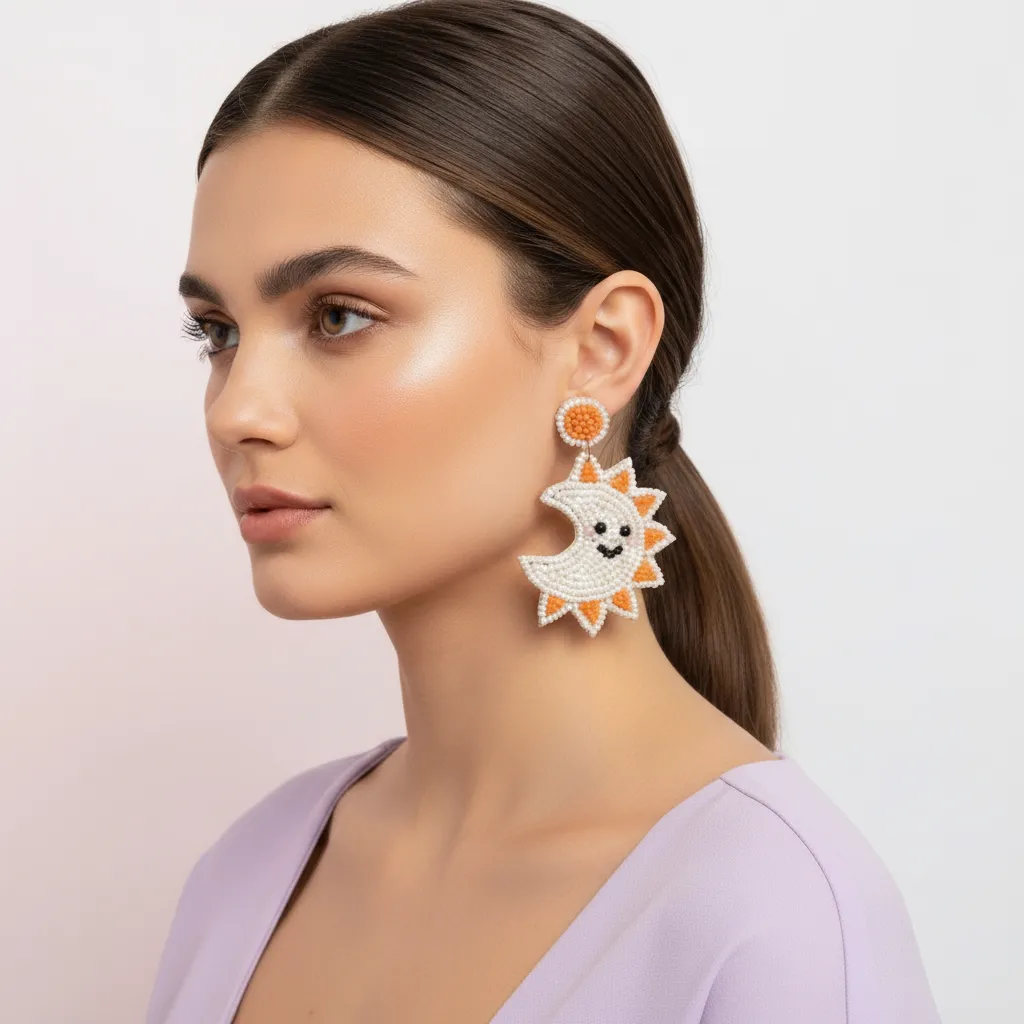 Handmade Smiling Sun & Moon Beaded Drop Earrings