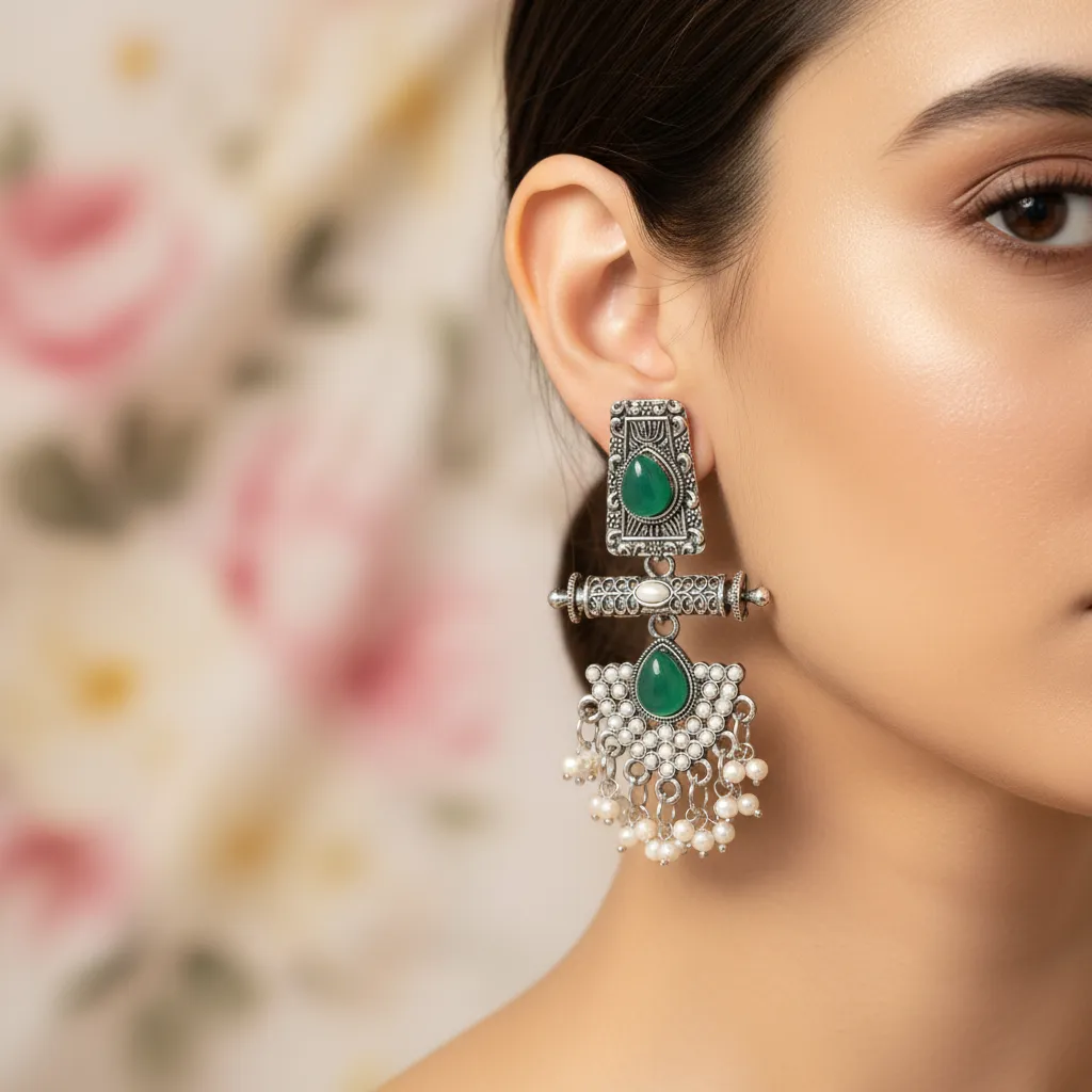 Vintage Silver Oxidized Green Stone Jhumka Earrings with Pearl Detailing - Image 2
