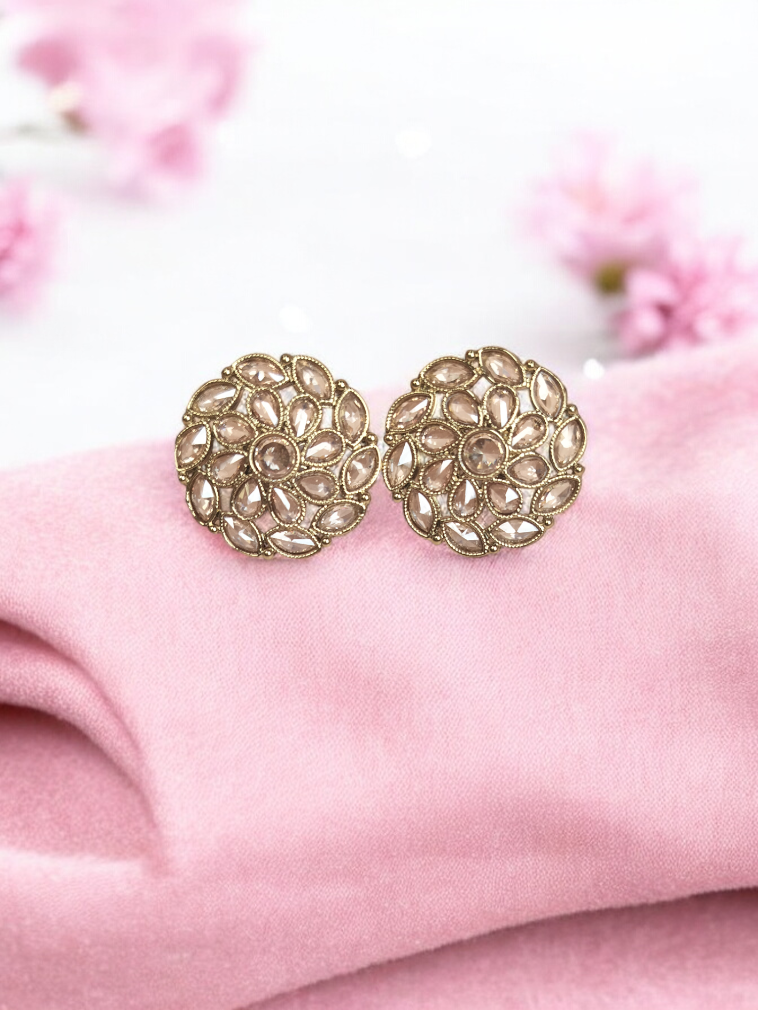 Classic Gold-Tone Kundan Petal Stud Earrings - Image 2