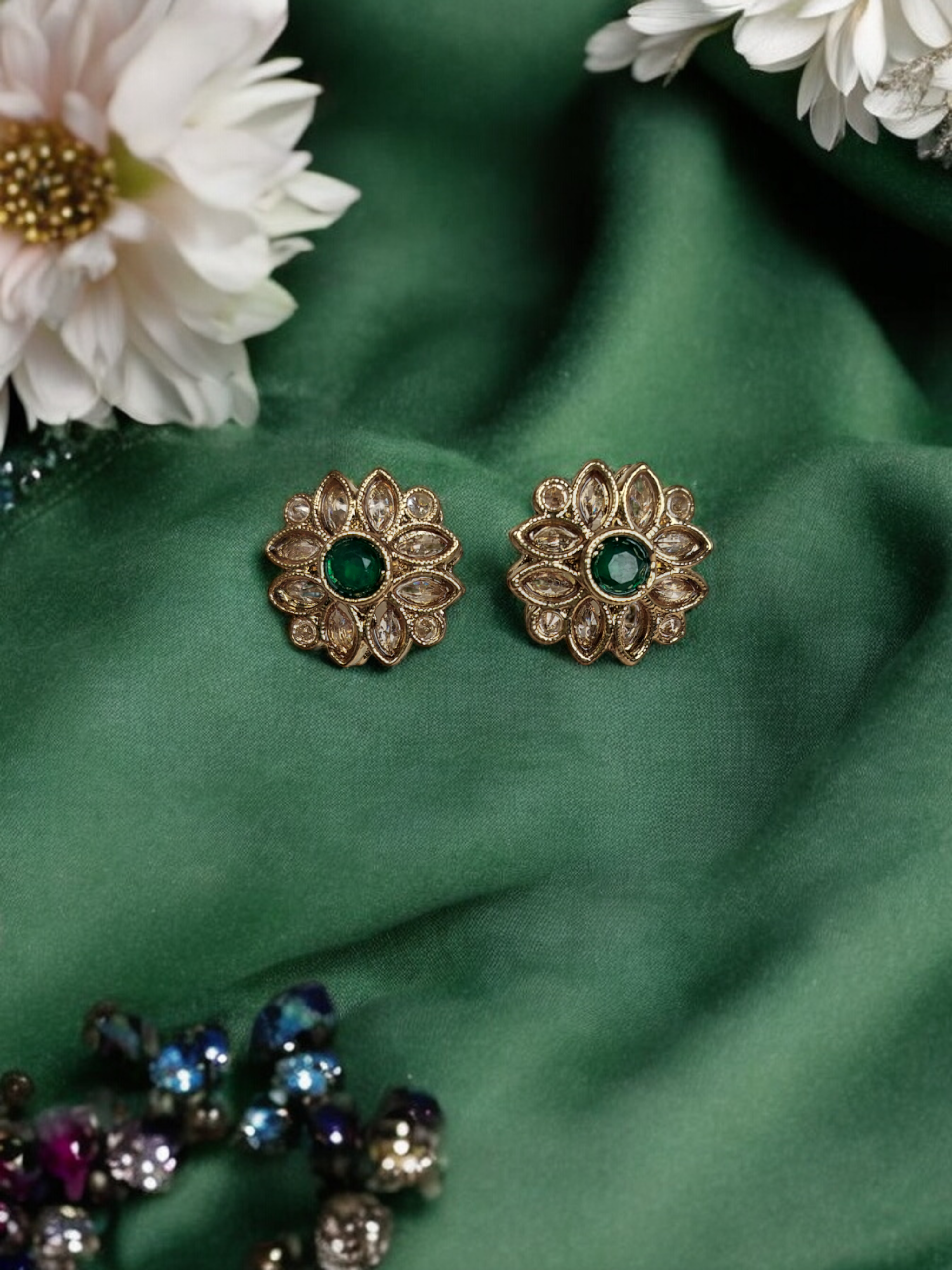 Ruby Centered Floral Kundan Polki Earrings - Image 4