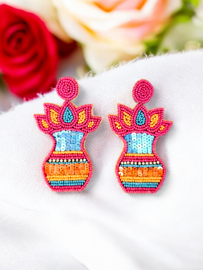 Pink And Yellow Kalash Design Beads Earrings
