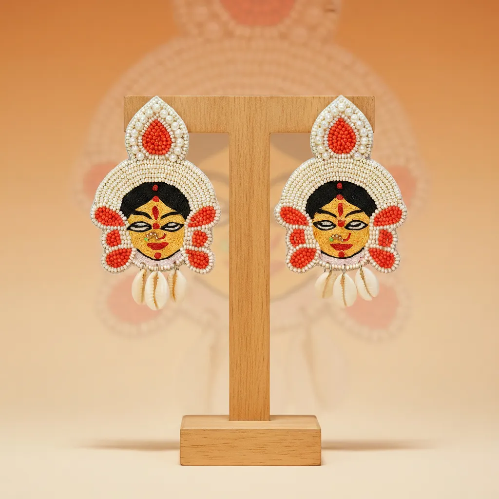 Handcrafted Goddess Face Beaded Earrings with Cowrie Shell Drops