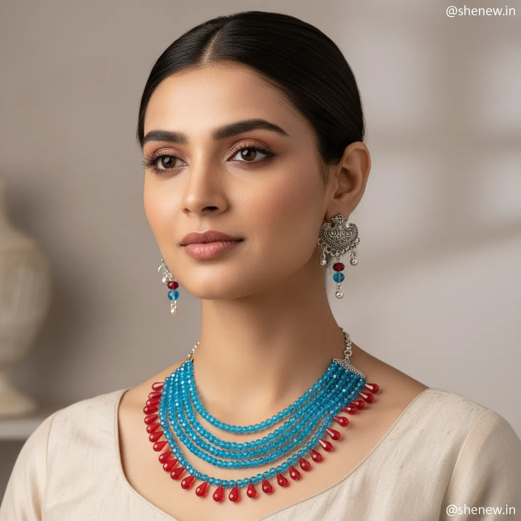 Blue & Red Multi-Layer Beaded Necklace Set with Matching Earrings