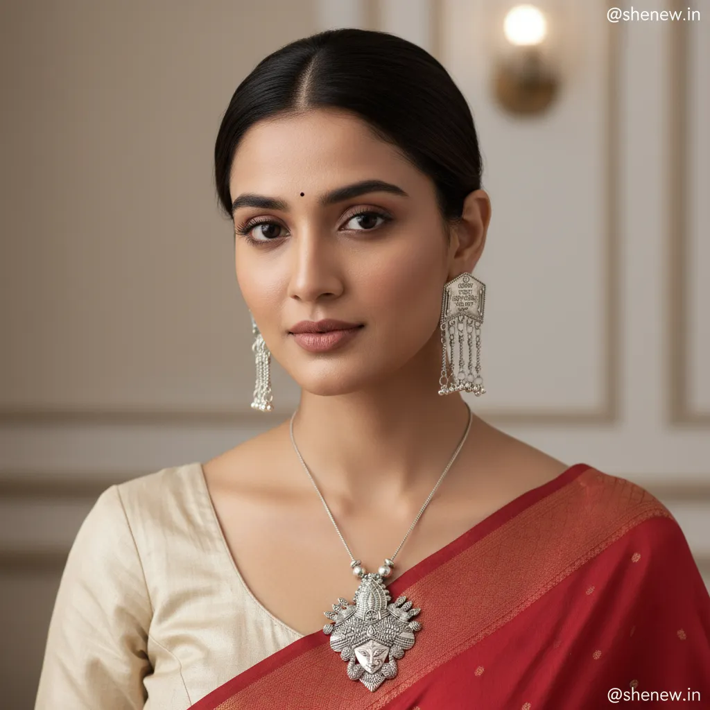 Oxidised Silver Durga Pendant Necklace with Statement Chandbali Earrings Set