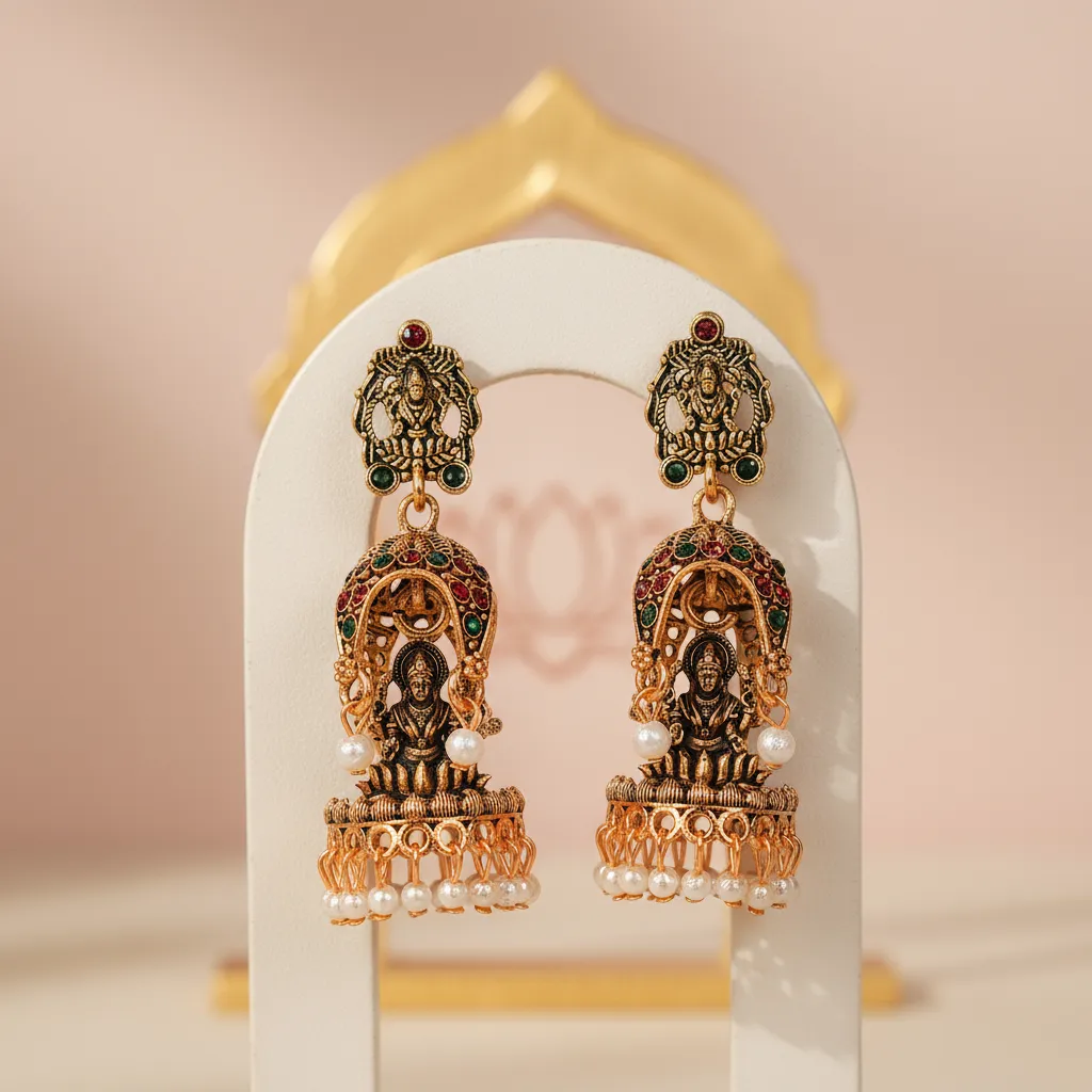 Antique Gold Temple Goddess Earrings with Red & Green Stones and Pearl Drops