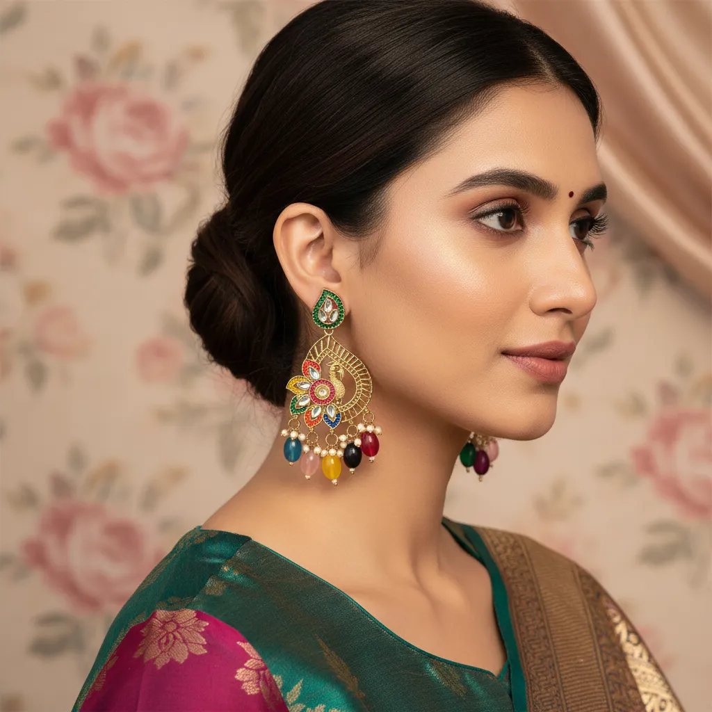 Peacock Multicolour Stone & Pearl Drop Earrings for Women