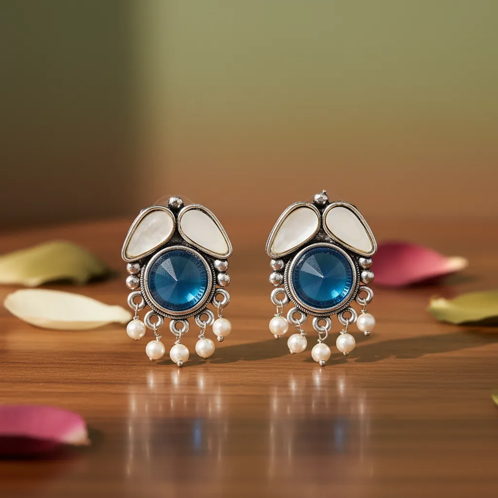 Oxidised Silver Blue Stone Stud Earrings with Pearl Drops for Women & Girls - Image 3