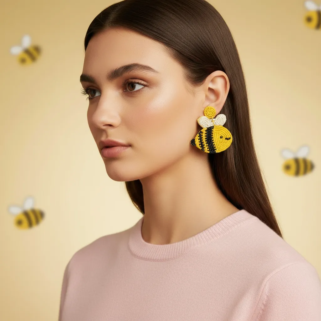 Cute Hand-Beaded Bee Statement Earrings for Women