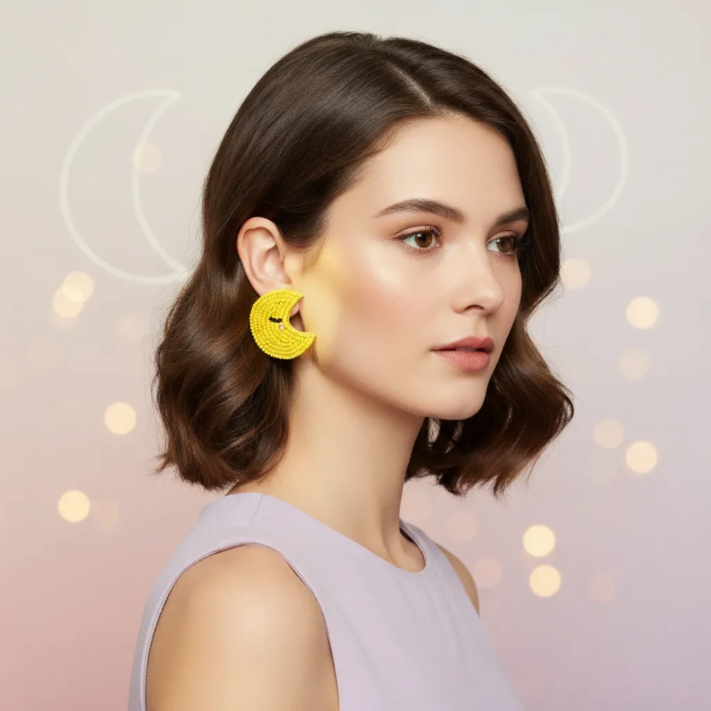Yellow Crescent Moon Hand-Beaded Statement Earrings