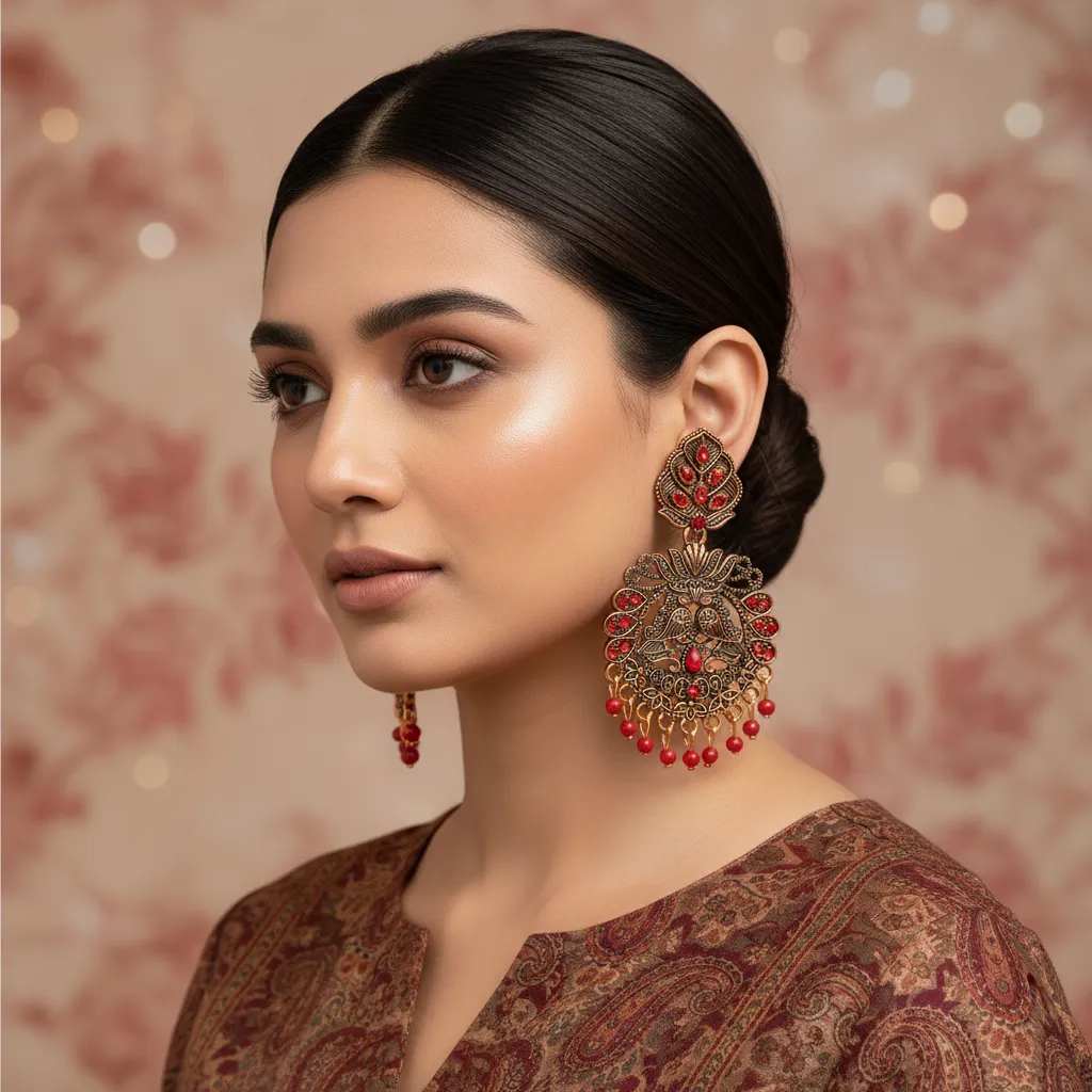 Oxidised Maroon Stone Jhumka Style Statement Earrings with Dangler Beads for Women & Girls