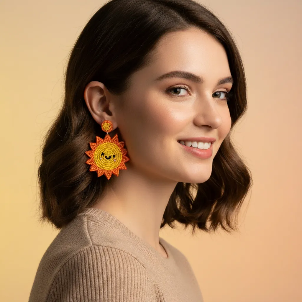 Handmade Smiling Sun Beaded Drop Earrings