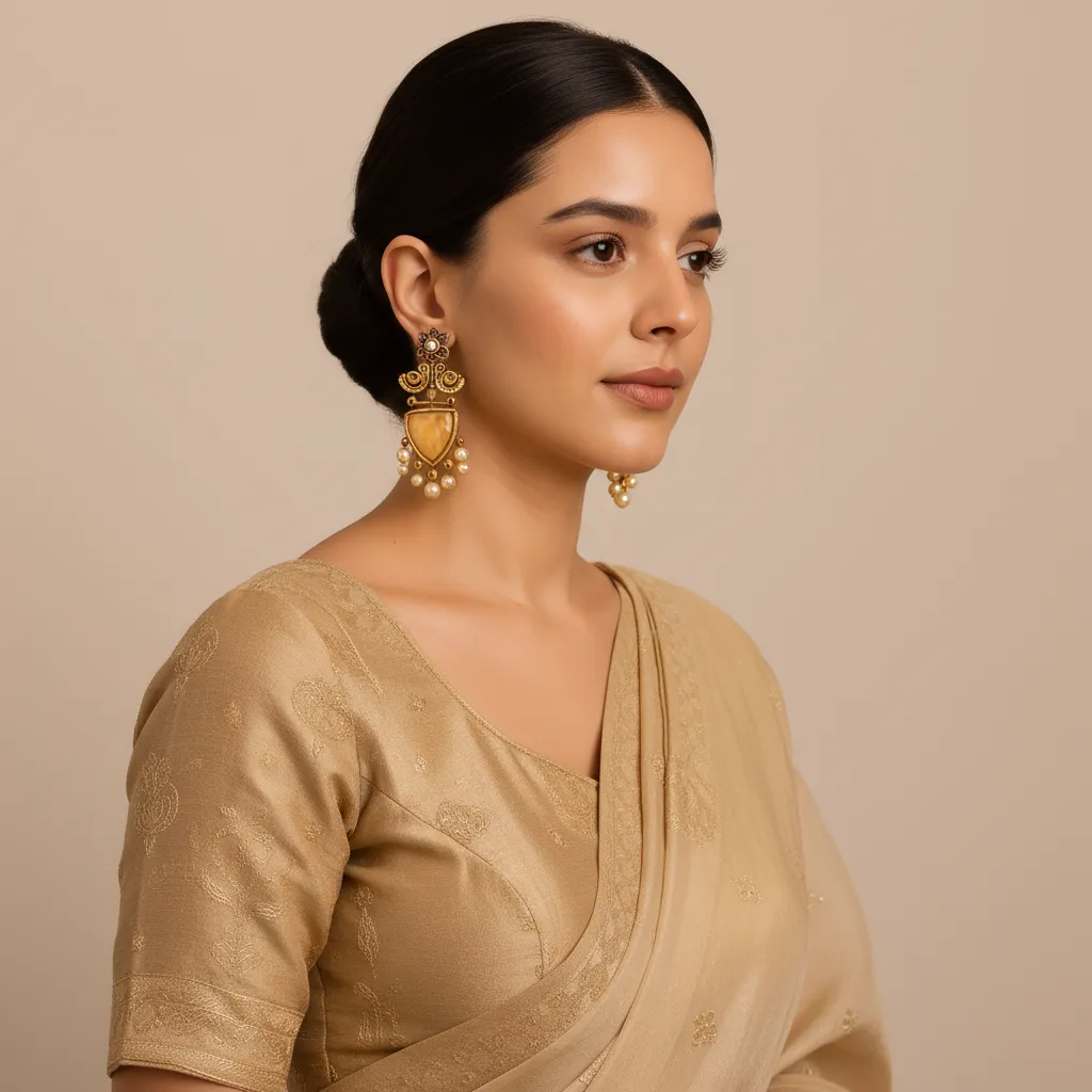 Oxidised Golden Yellow Stone Earrings with Pearl Drops for Women & Girls