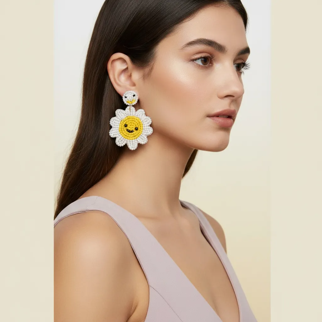 Handcrafted Smiley Sunflower Beaded Drop Earrings for Women
