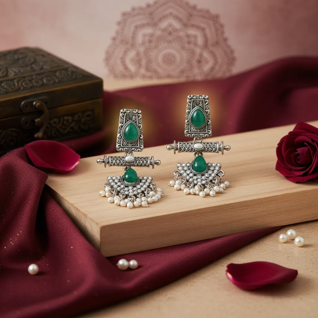 Vintage Silver Oxidized Green Stone Jhumka Earrings with Pearl Detailing