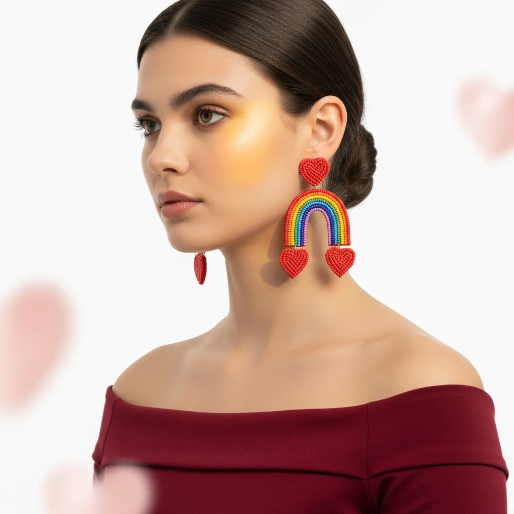 Rainbow Beaded Heart Drop Earrings – Colorful Handmade Statement Style