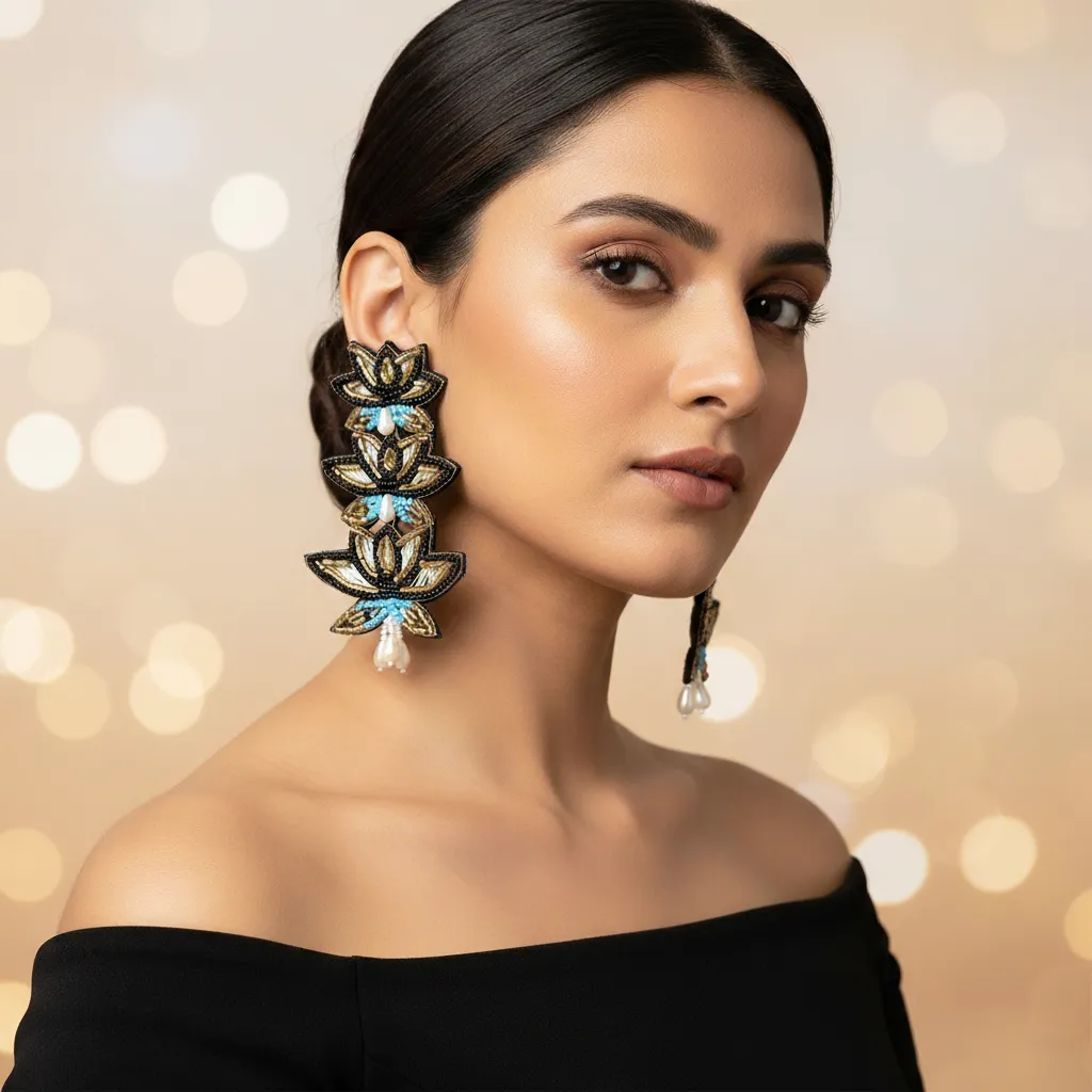 Handcrafted Black & Gold Lotus Beaded Statement Earrings with Pearl Drop