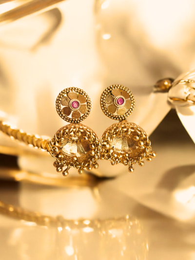Gold Plated Floral Ruby Jhumki Earrings