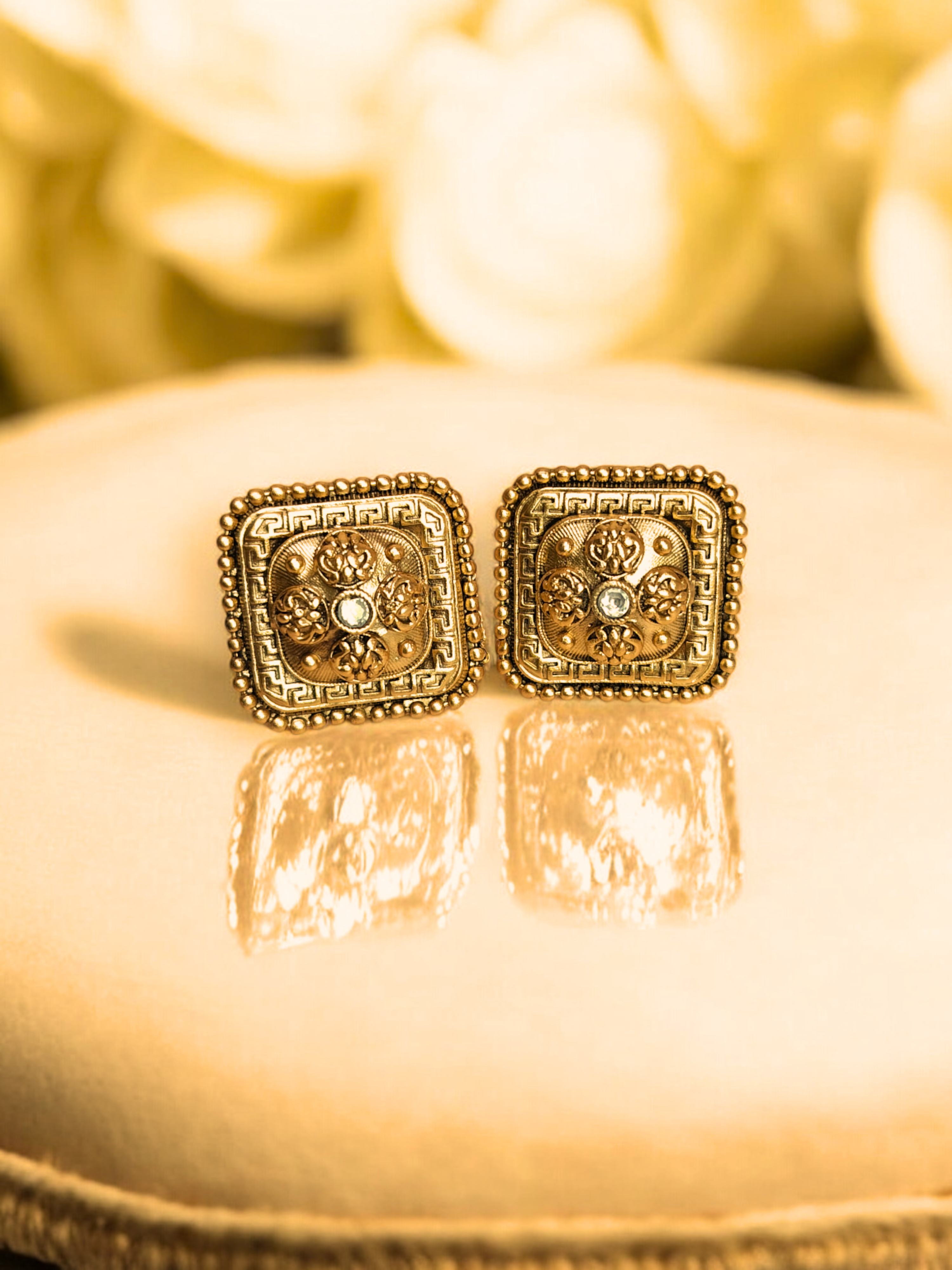 Regal Square Gold-Plated Ruby Stud Earrings