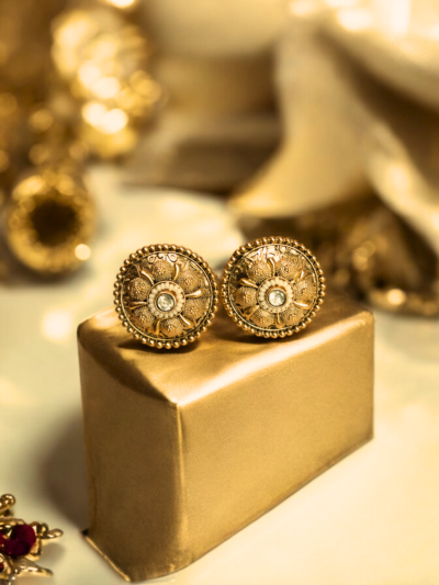 Gold Floral Kundan Stud Earrings with Crystal Centerpiece